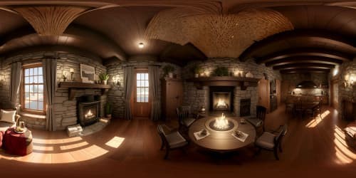 VR360 cobblestone walls, textured nuances, large hearth, embers glowing, rustic wood beams. Quintessential cottage ambiance, elegance meets simplicity. Saturated palette, detailed patterns in Pixar-style animation. VR360 immersion, cozy, intimate cottage interior.