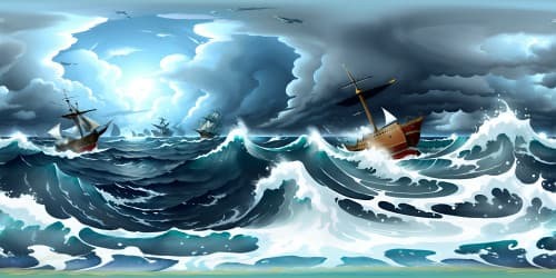 Masterpiece quality, ultra-high res, VR360 scene, monstrous ocean waves in tempest, immersive VR360 storm panorama. Hyperrealistic style. Vast, turbulent seascape, hurricane intensity. Light play on cresting waves.