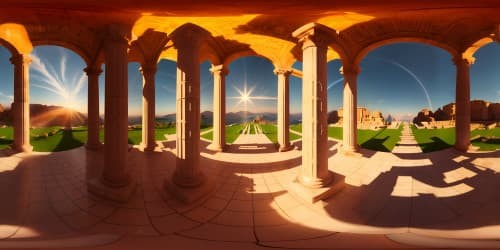 Masterpiece-grade VR360, ultra HD, Apollo's blazing sun chariot, celestial span, brilliant golden rays, VR360, towering ancient marble columns, cumulus majesty, ethereal luminescence, iridescent drapery, golden lyre, Greek antiquity artistry