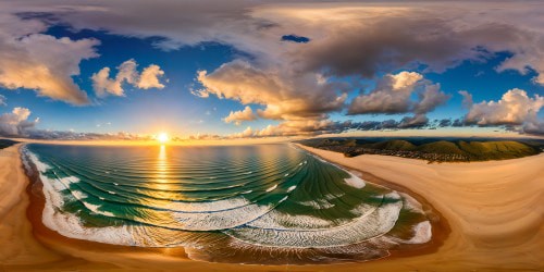 A golden sandy beach bathed in the warm glow of a flawless, vibrant sunset, casting long shadows across gently rolling waves under a pastel-colored sky, captured in an ultra-high-resolution panorama.