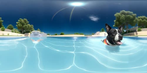 dog swimming in the pool, with his head above water, cute