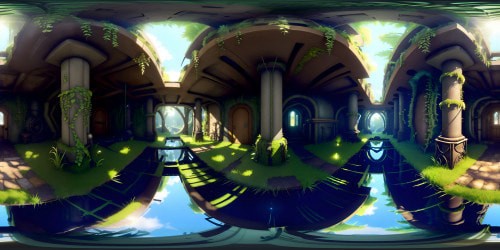 Masterpiece VR360 scene, ultra-high res view, rust-seared sewer tunnels, verdant moss drips, stagnant water's elusive reflections. Shadows, hauntingly ethereal, sun shafts piercing gloom. Fantasy realism blend, intricate detail, somber whimsy tinged, VR360 inspiration. High-quality texture play, eerie beauty magnified.