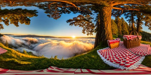 An idyllic sunset picnic scene on a flawless, pristine lakeside, multiple cozy blankets laid out, laughter echoing through the serene atmosphere, towering trees casting dappled golden light, a classic red checkered picnic basket overflowing with gourmet delicacies.