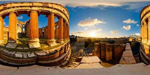 Imposing colosseum in the heart of Rome, intricate marble columns, golden sun setting over detailed ancient ruins, flawless, ultra-high resolution depiction of the Roman Empire at its peak, a true masterpiece.