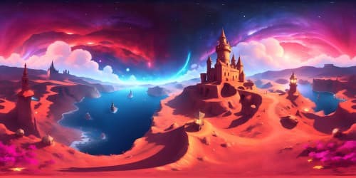 a red world with a lot of castles and colourfull stars around