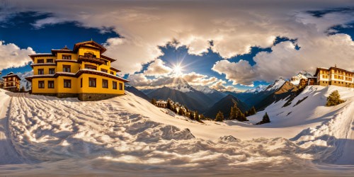 Approaching a flawless, high-definition view of a grand Himalayan mansion perched majestically, enveloped in swirling clouds, radiant sunlight casting a golden hue on snow-capped peaks, a sky full of elegant white butterflies dancing in the thin, crisp mountain air.