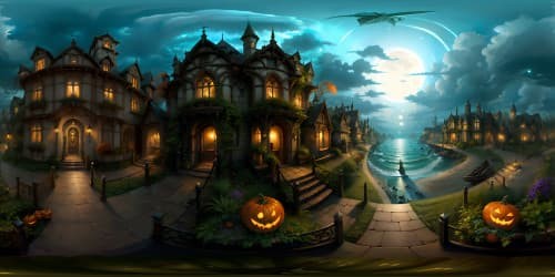 Ultra-high resolution VR360, top-tier masterpiece, Halloween-centric shoreline, moonlight-bathed beach with dispersed pumpkins, ghostly shipwreck outline in the distance, rendition in a blend of gothic-digital art fusion.