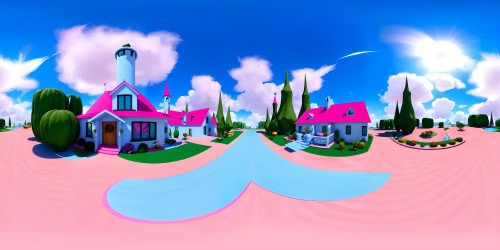 Barbie-inspired VR360 realm, ultra high-resolution textures. Vibrant dreamhouse palette, whimsical shapes, Pixar-style edges. Oversized objects, maximalist detailing, soft pastel skies, fluffy clouds. Quirky backdrops, unique immersive VR360 aesthetics.