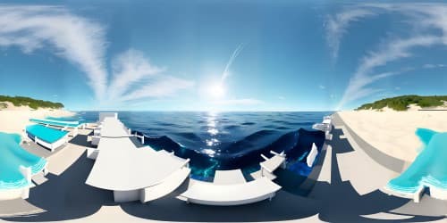 Masterpiece VR360, ultra-high-res, lost at sea perspective. Raft, expansive blue ocean, VR360 clear sky. Fluffy white clouds, sinking sun at horizon line.