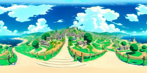 VR360 scenery, quality supreme, detailed textures, high-resolution, sweeping landscapes, voluptuous hills, vibrant color palette. Merging realism and fantasy art styles in a seamless blend, VR360 tour de force, encapsulating grandeur.