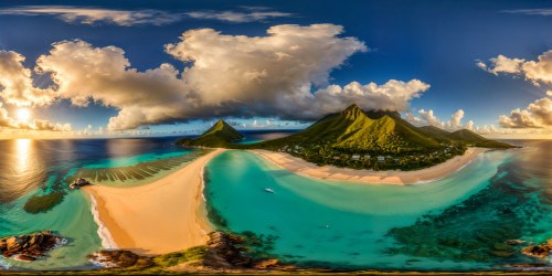 A flawless ultra-high resolution masterpiece showcasing the panoramic splendor of Guadeloupe's coastline, with crystal clear turquoise waters gently kissing golden sandy beaches, vibrant tropical flora adorning the landscape under a radiant tropical sun, perfect in its high resolution glory.