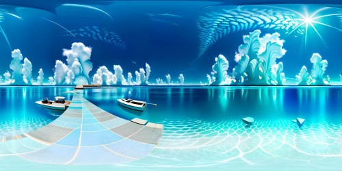 VR360 masterpiece: ultra high-res fish boat, intricate wood grain, polished bronze accents. Glittering ocean expanse, translucent turquoise waves, flecks of white foam. Surreal art influence, hyperrealistic render, exceptional detail, luminous color palette. Atmosphere, clear, cloudless sky, gradual gradients of blue. Distorted fish-eye lens perspective for VR360 backdrop.