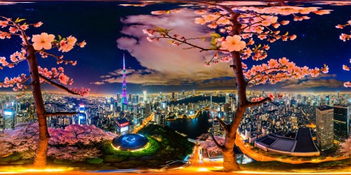 A futuristic skyline of the highest quality, showcasing Tokyo's towering neon skyscrapers, holographic billboards, shimmering glass towers, bustling hover cars, interlaced with luminous cherry blossom trees, under a starry, cyberpunk night sky, combining flawlessly detailed high-resolution artwork.