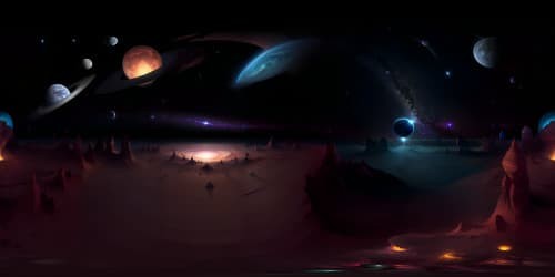 Ultra high resolution, VR360 masterpiece. Dazzling, celestial bodies against an obsidian backdrop. Fantasy-inspired, epic, otherwordly. Stygian cosmos, mystifying stardust, astral nebula, gleaming galaxies. Dark, space-themed VR360 panorama.