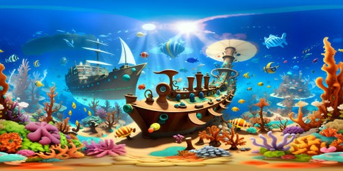 VR360: Ultra high-res, detailed ancient shipwreck amidst ocean bed, vibrant tropical coral reef, splashes of vivid hues. VR360: Realistic, photo-like textures, eroded wood grain on the shipwreck, rich colors contrasting against deep sea blue. Style: High-quality, masterpiece level, intensely detailed.