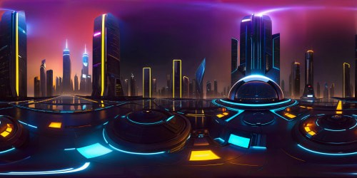 VR360 masterpiece, ultra-high res futuristic cybercity, neon glow details. Skyscrapers, complex cybernetic structures. Sci-fi aesthetic, ultra-realistic 4K rendering. VR360 panorama, profound cosmic backdrop. Alien planets, star patterns. Futuristic cityscape design. Detailed, engaging, VR360 masterpiece view.