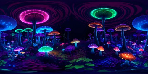 Psychedelic glowing mushroom forest, resplendent, luminous fungi, bioluminescent undergrowth. Tiny fairies, iridescent wings, translucent pixie dust trails. Fantasy art style, ultra high-res, VR360 night sky, galaxies swirling, cosmic hues, nebulous wisps. Whimsical, surreal, VR360 imprint, ethereal glow, color infusion, a spectral masterpiece.
