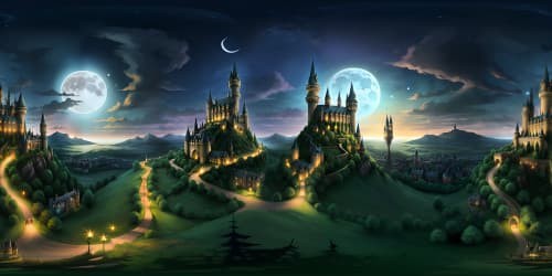 Moonlit Hogwarts castle, VR360 panorama, twinkling towers, fantasy art style, fluttering house banners, Whomping Willow silhouette, gothic grandeur, ultra high-resolution, masterpiece quality. Spellbinding VR360 view, enchanted night sky, colour tinges of house emblems.