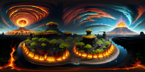 VR360 capture of molten magma flow, volcanic eruptions pulsing, iridescent lava rivers branching. Ultra HD quality, VR360 masterpiece, peaks etched in fiery orange, detailed veiny black rock formations. Pixar-style clarity, vivid contrasts in stark monochrome.