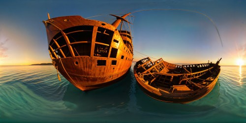 An exquisite, flawless cinematic landscape showcasing a sprawling shipwreck scene, with intricate details of rusted hulls, shattered masts, and sunken treasures beneath crystal-clear waters, under a brilliant golden hour sky.