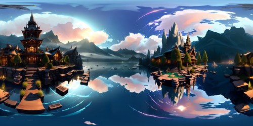 VR360: Lake Tahoe, crystalline waters, alpenglow, prominent mountains. VR360 style: Ultra high-resolution, digital painting, light reflections, depth of field, pinnacle fine art.