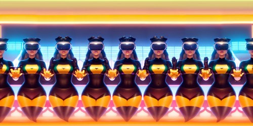 VR360: Five diverse princesses, emerald-eyed, ebony hair, pearl lip gloss, gold accents. Unique posture, arms raised, focus on underarms. White fur trim, lynx-like ears. VR360 photorealistic grandeur, ultra-definition. Ultra high resolution, artistic mastery.