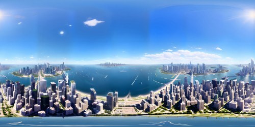 Masterpiece city view, VR360 panorama of New York 2024, towering high-rise skyline, summer noon. Ultra high res, brightly lit penthouses, endless skyscrapers. Crystal clear VR360 vision, post-modern style, top-notch quality, refined detailing, radiant light play, elegant shadows.