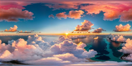 An ultra-high-resolution panoramic seascape, showcasing flawless cotton candy pink clouds melding with the horizon, crystal clear azure waters reflecting delicate shimmering hues at dusk, encapsulating the serene essence of tranquility and wonder.