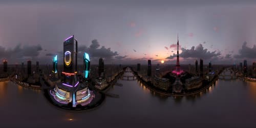 Majestic Tokyo skyline, towering skyscrapers, kaleidoscopic neon signs, intricate patterns of city lights, Sakura cherry blossoms in bloom against twilight sky. Ultra-high resolution VR360 panorama, reflecting an anime-style masterpiece. VR360 view of tranquil Sumida river, Tokyo Tower's silhouette in backdrop.