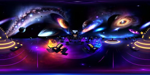 Masterpiece quality VR360 stage, shimmering spotlight, dynamic lights blending into cosmic galaxy overhead. Ultra high-res VR360 scene, luminescent holographic audience, ethereal floating platforms. Style: digital realism, finesse detail, dramatic illumination.