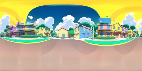 Cartoon-like VR360 panorama, yellow shades dominating, iconic Bart Simpson's spikes, Lisa's saxophone glistening, vibrant Springfield backdrop, pastel-hued houses, blue skies with cotton candy clouds, ultra high-res detailing, Picasso-style deformations enhancing character exaggerations, VR360 view with Simpson's signature humor subtly represented.