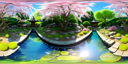 Masterpiece quality, VR360 Kyoto Japanese garden, tranquil, ultra high-res, pastel-shaded cherry blossoms, weeping willows gracefully cascading, weathered stone lanterns, Koi-filled pond reflecting cloud-dappled sky. Pixar-style, soft gradients, muted tones, minimalistic elegance, gently-rippling water effects.