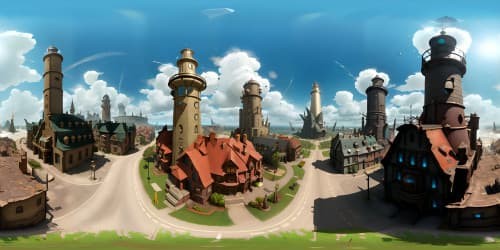 Masterpiece-quality VR360 scene, BioShock Infinite-inspired, ultra-high resolution. Key elements: Steampunk metropolis, floating cityscapes, lighthouse beacon. Style: Surreal art, intricate architectural detailing, vibrant color contrasts. Emphasize expansiveness, verticality, atmospheric perspective.
