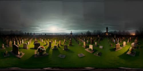 Masterpiece quality, ultra-high resolution. Nightmarish VR360 panorama, grave markers aged and decrepit. Dimly lit mausoleums, dense, ghostly fog veiling VR360 horizon. Dark, eerie graveyard, obscure and chilling. Night backdrop, translucent mist crawling over the scene, suffusing ground in foreboding obscurity.