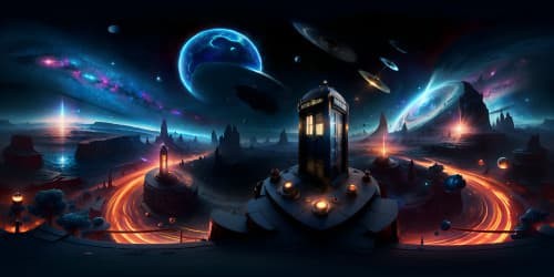 Whirlwind of galaxies, iconic blue TARDIS, interspersed nebulae, VR360 panorama. Opulent star trails, magnificent space-time vortex, sci-fi style. Ornate Gallifreyan symbols, ethereal Time Lord tech, cosmic debris.  VR360 Doctor Who masterpiece, ultra high res, lifelike precision, cinematic adherence.