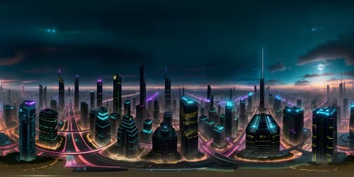 VR360: neon-lit skyscrapers, Blade Runner-inspired cyberpunk cityscape. Glowing billboards, futuristic digital displays, ultra-high resolution. Rooftop perspective, aerial highways, distant monoliths. VR360: night sky, shimmering aurora, scattered satellites. Visual style: dystopian chic, hyper-realistic masterpiece.