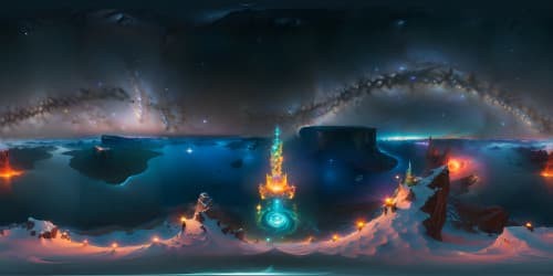 VR360 panorama, masterpiece quality, ultra high-resolution textures, Milky Way grandeur. Brilliant star clusters, vivid galaxies, nebulae in surreal art style. Emphasizing expansive awe, infinite cosmic beauty.