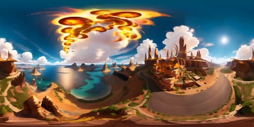 Golden sun, searing, flaming skyline, ultra high-resolution VR360, masterpiece of molten hues, VR360 domain of cosmic blaze. Style: Hyperrealism.