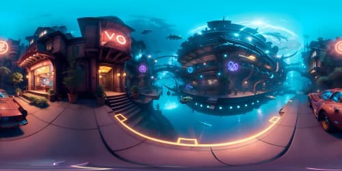 grand underwater city, neon signs, holographic imagery, water reflections, VR360 BioShock-inspired scene. Depth perception, 4K resolution, VR360 sharpness, ultra-high-definition textures. Style: Fine art, photorealism, surrealism blend.