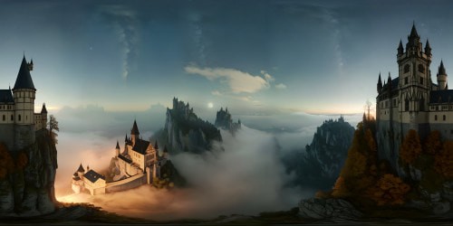 A grand gothic castle rising from mist-shrouded forests, ancient stones cloaked in eerie moonlight, towering spires against a backdrop of starlit skies, flawless 8K textures capturing every haunting detail.