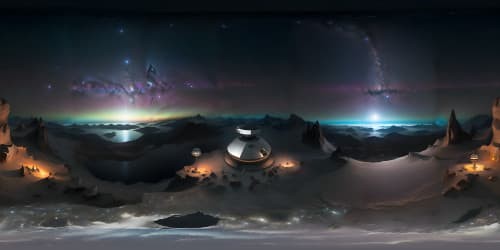 VR360 ultra high resolution, enchanting moonlight radiance reflecting on serene lagoon. Majestic mountain peaks enveloped in soft mist, VR360. Dazzling celestial bodies illuminating night sky. Epitome of digital painting grandeur.
