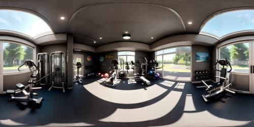 VR360 ultra high-res depiction, gym interior, sleek equipment, polished flooring, centered male mannequin, chiseled physique. Masterpiece artistry, photo-realistic.