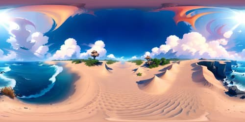 Masterpiece quality, beach spectacle in ultra HD resolution, VR360. Playful surf, exotic seashells scattered, sunlit sand textures, Pixar-style. VR360 sea horizon, polished with a soft pastel sunset, saltwater glow, delicate, digital painting cloud formations.