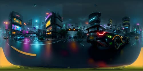 Masterpiece, ultra-high-resolution, VR360. Cybernetic cityscape, neon-infused towers, giant pixelated billboards. Anti-gravity vehicles, futuristic. Art: dark, cyberpunk, neon hues dominating, masterfully crafted.