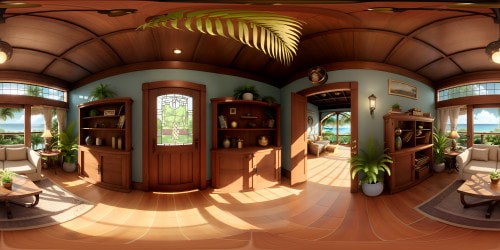 VR360 rustic lounge, masterpiece quality, weathered wooden furniture, scrolling bookcase in ultra high res. Lush tropical ferns, VR360 panorama, old-world charm in Pixar-style. Vintage aesthetics, mahogany elements, bohemian lights, globe statue, detailed textures in VR360 view. Ultra high res, eclectic, vibrant colors,