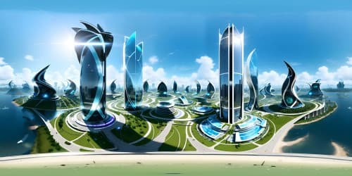 VR360 ground-level view of futuristic solarpunk city. Utopian high-res masterpiece. Lush plants, exceptional-quality skyscrapers. VR360 daytime scene, bright, clean, eco-friendly architecture.