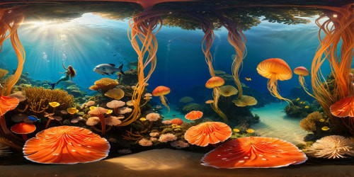 Submerged in a flawless VR360 underwater paradise, vibrant coral gardens teem with swaying marine flora, floating jellyfish illuminated in ultra high-res, pearly bubbles dancing amidst sun rays like molten gold. A luminescent masterpiece radiates with best quality, inviting viewers to lose themselves in the stunning depths, sans Ariel the mermaid.