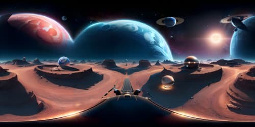 Ultra high-resolution VR360 masterpiece, trio of planets on left - diverse in scale, one encircled by majestic rings. All hovering in the infinite cosmos. Surreal art style.