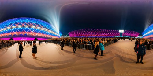 Crowds of spectators flood the impeccably designed Paris Olympic Games 2024 Live Site, a technological marvel showcasing the city's finest architecture, shimmering with next-gen LED displays, pulsating with energetic neon lights, during the peak of a breathtaking night ceremony.