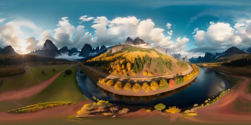 Ultra high-resolution VR360 countryside panorama, masterpiece mountains backdrop, river cascade originating from peaks. VR360 golden-hour scene, traces of clouds scattered, intense sunset colors dominating the sky. Minimal style, clear sky focus, faint clouds enhancing visual depth. High-definition country elements subtly incorporated, maintaining expansive VR360 view.